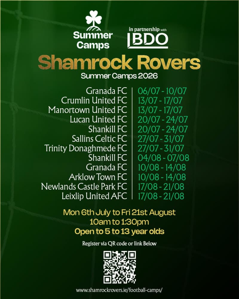 Shamrock Rovers summer football camps for children aged 5 to 13 in Dublin, featuring local and inter.